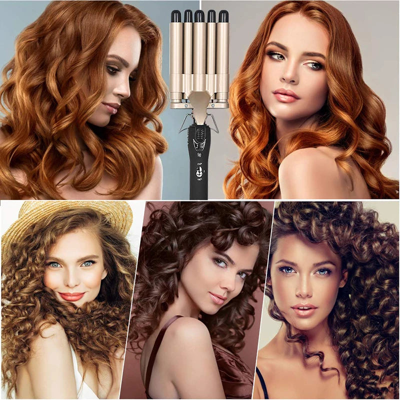 5 Barrel Hair Waver Curling Iron – Adjustable Temperature Beach Wave Styler